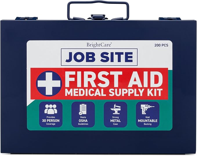 First Aid Kit for Job Site, Contruction & Contractor, Metal Case, 200 Piece | OSHA Compliant, Heavy Duty, Wall Mount & Portable