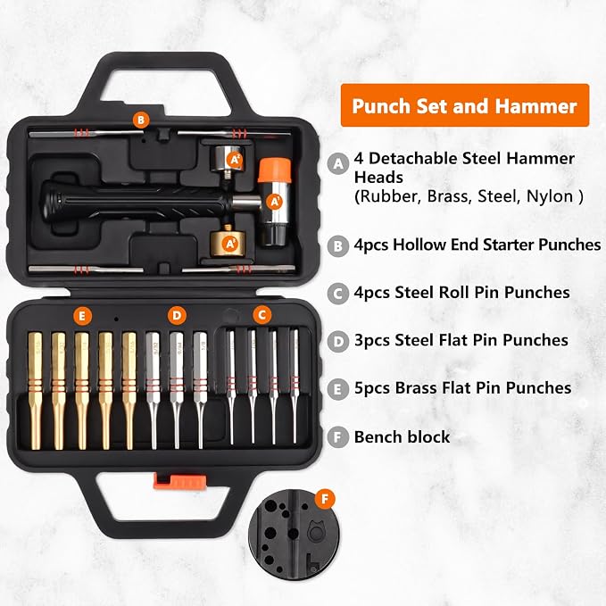 Pridefend Punch Set,Brass Punch Set and Roll Pin Punch Set Made of Solid Material Including Steel Pin Punch Set and Bench Block, Hammer with Detachable Heads,Punch Set with Portable Storage Case