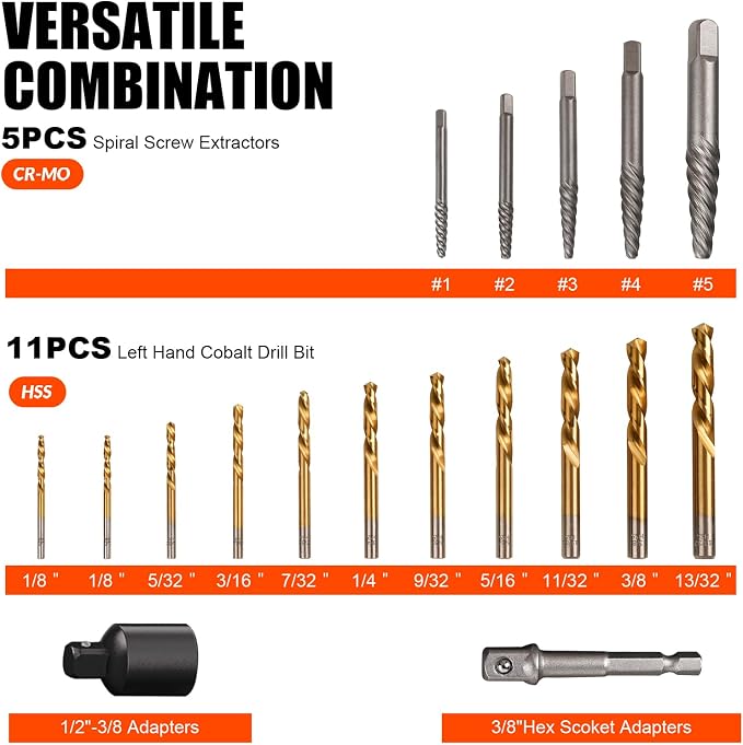 42Pcs Bolt Extractor Kits with Left Hand Cobalt Drill Bit Set, Easy Out Broken Stripped Screw Extractor Set Removal Tool for Damaged, Frozen, Studs, Rusted, Rounded-Off Bolts, Nuts & Screws