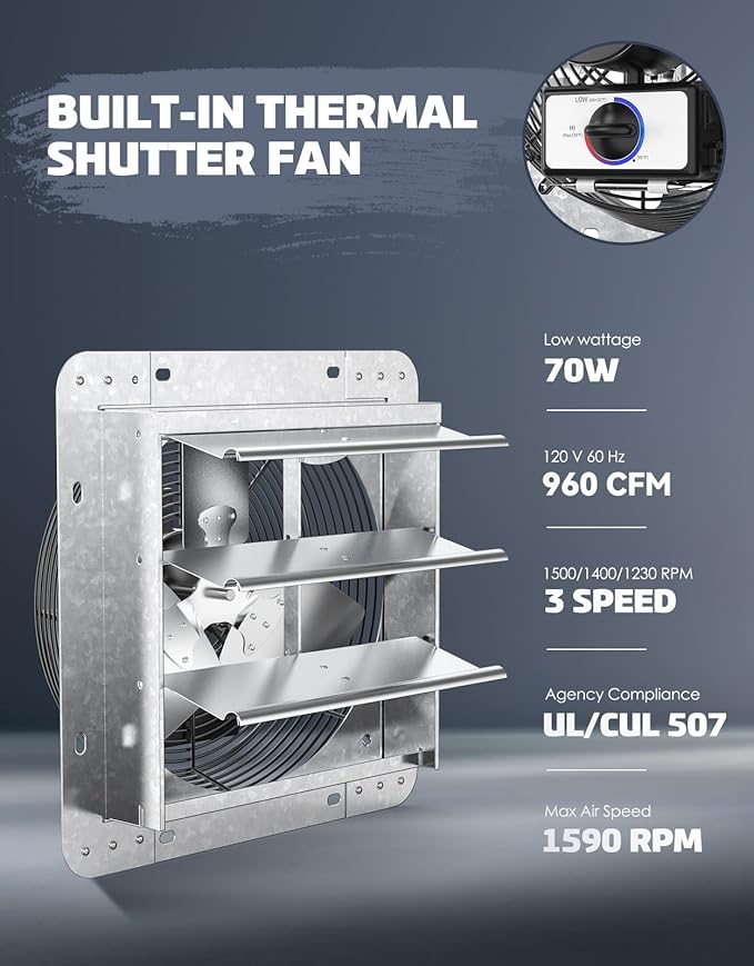 iLIVING 12" Wall Mounted Shutter Exhaust Thermostat Control-3 Speeds Vent Fan For Home Attic, Shed, or Garage Ventilation, 960 CFM, 1200 SQF Coverage Area, Variable, Silver