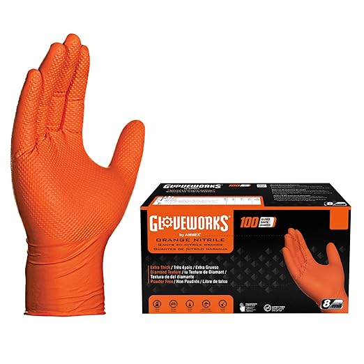 GLOVEWORKS 8 Mil Orange Nitrile Disposable Gloves Heavy Duty Industrial RDT for Mechanic and Automotive, Large Box of 100