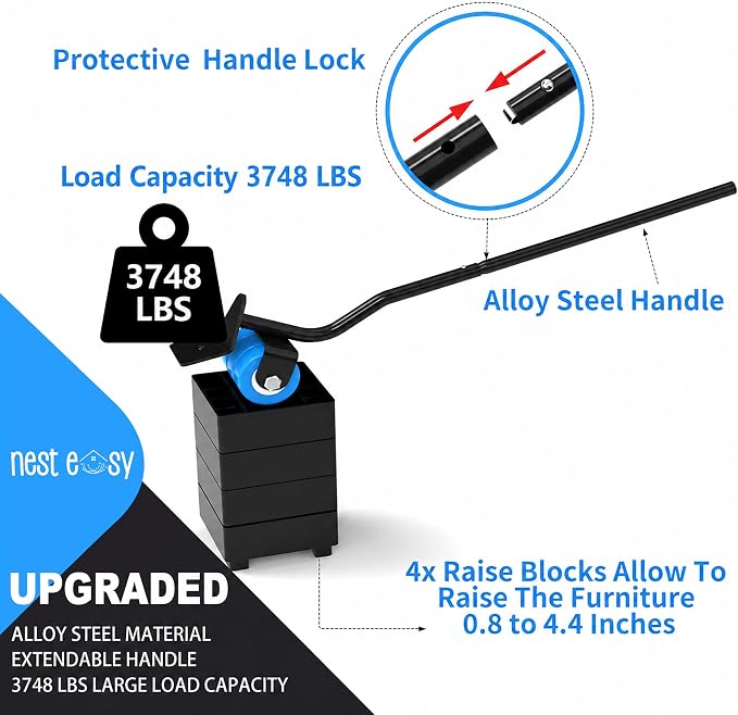 Upgraded Heavy Duty Furniture Dolly 360° Rotating 5 Blue Wheels, Alloy Steel Furniture Movers Up to 3748 lbs/1700 Kg Load Capacity with Measure Tape and Leveler (8.6x7.8 in)