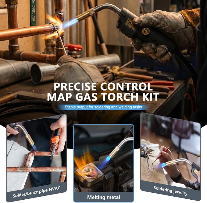 Propane Torch Kit with 4.9-Ft Hose, Adjustable Flame for HVAC | Brass Blow Torch Head 2527°F, Propane & MAPP Gas Compatible, Self-Igniting for Easy Startup