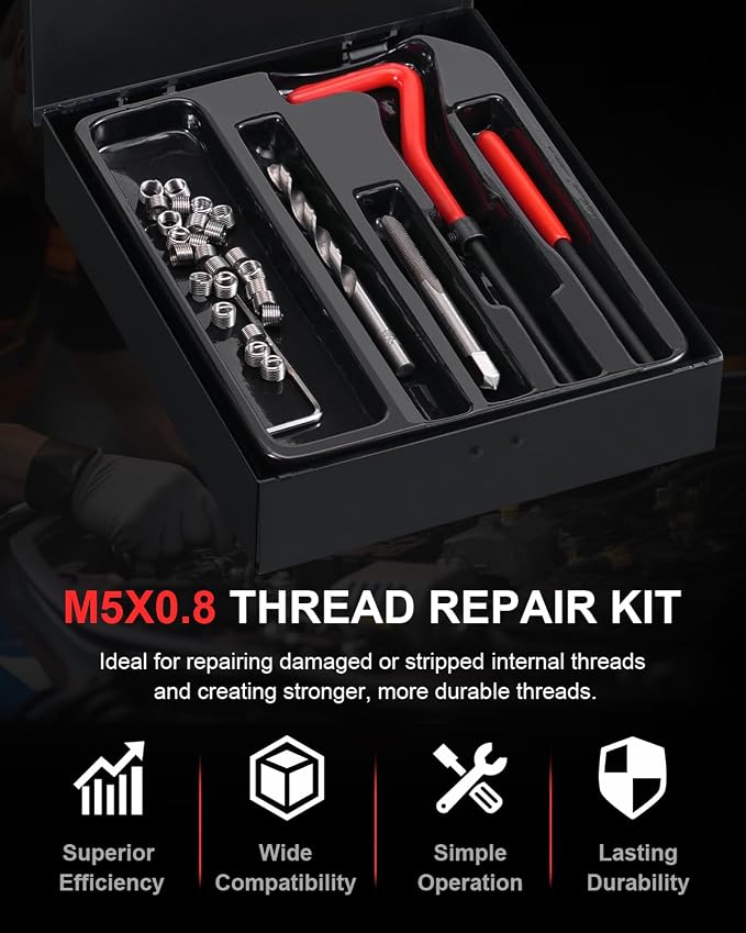 Kolvoii M5×0.8 Helicoil Thread Repair Kit, Metric M5 Helicoil kit with HSS Drill Bit, Tap & Stainless Steel Inserts for Small Engine & Bicycle Repair
