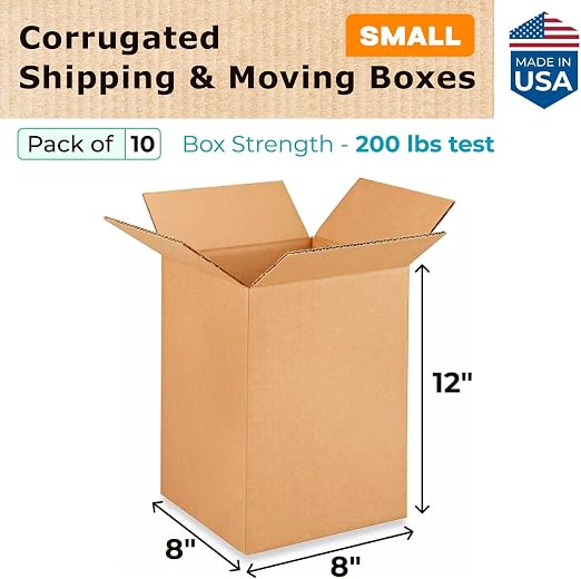 Small Moving & Shipping Boxes 8x8x12 inches (10-Pack) - Extra Strength 200 lb vs Regular - USA-Made Corrugated Packing Boxes for USPS/FEDEX - Packing Box Small - Box Cardboard by IDL Packaging