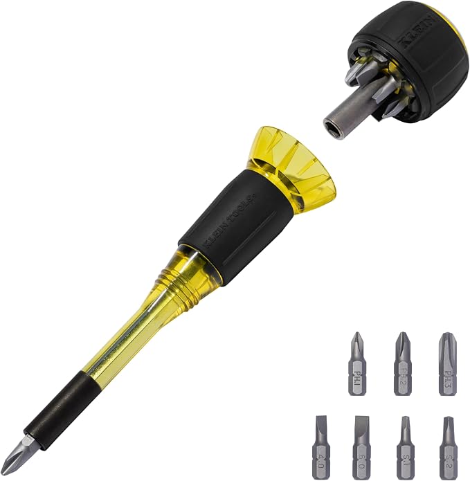 Klein Tools 32961A 8-in-1 Tru-Grip Screwdriver with Stubby, Phillips, Slotted, Square Tips, 1/4-Inch Nut Driver, Rare-Earth Magnet, 6-Bit Storage, Ball-Style Handle