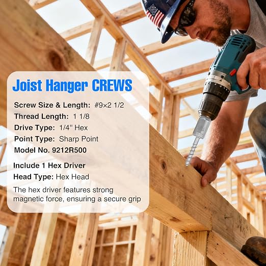 800-QTY #9 x 2-1/2" Joist Hanger Screws, Silver / 0.370"-Dia Heavy‑Duty Deck Screw, Replace Simpson 9212R800 Connector Screws & 10DNails,1/4" Hex Socket Wood Screws