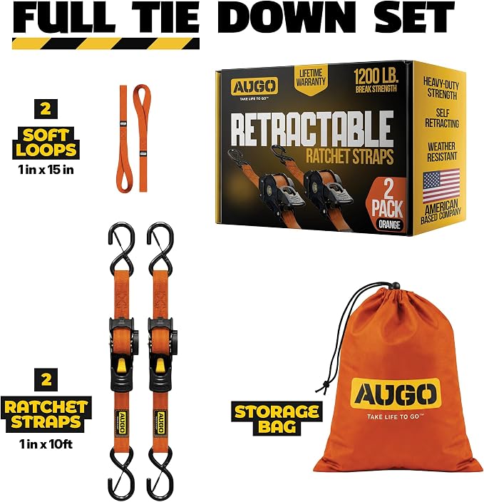 AUGO Retractable Ratchet Straps | 2 Heavy Duty Ratchet Straps Self Retractable Tie Downs with Soft Loops & Storage Bag for Motorcycle, Truck, Trailer, Cargo Van | 1200 Lb Break Strength 1” x 10’