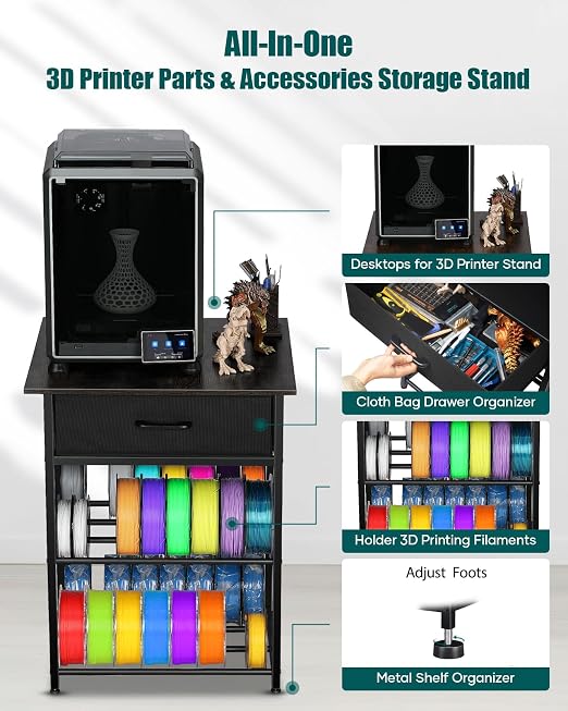 AHOWPD 3D Printer Table with Filament Storage - 3D Printer Stand Shelf Filament Storage Rack Heavy Duty 3D Printer Desk with Drawer for Workshop Studio Office