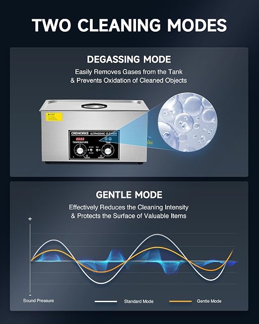 CREWORKS 22L Ultrasonic Cleaner with Heater and Timer, 480W Stainless Steel Ultrasonic Cleaner Machine with Degas & Gentle Modes, Ultrasonic Parts Cleaner with Knob Control for Machine Part Auto Tool