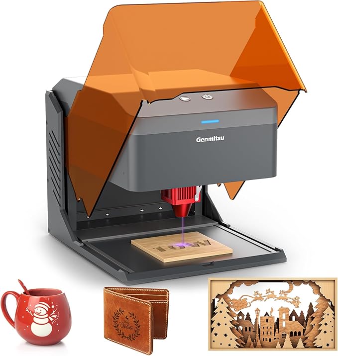Genmitsu Kiosk 10W 10000mW Laser Engraver, Light Weight & Portable Laser Engraver Machine, Home Laser Cutter with Acrylic Enclosure for Wood/Leather/Metal, 3.9'' x 3.9'' Engraving Area, Safety Class 1