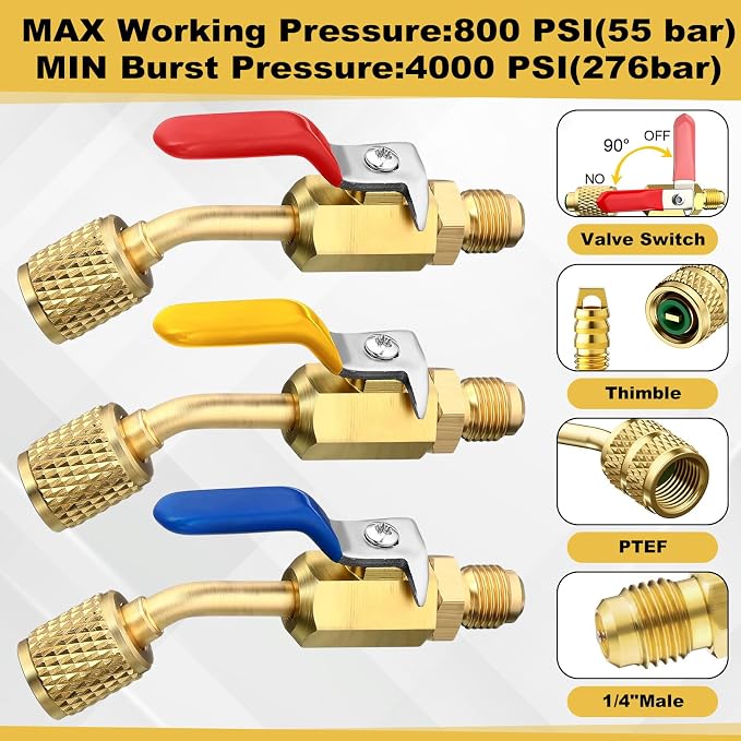 Tujoe R410a Valve Core Remover Tool HVAC Air Conditioning Refrigerant Angled Compact Ball Valve Compatible with Sae 1/4 and 5/16 Port R410 R32 Brass Adapter 20 Cores 10 Brass Nut 270 Sealing Washer
