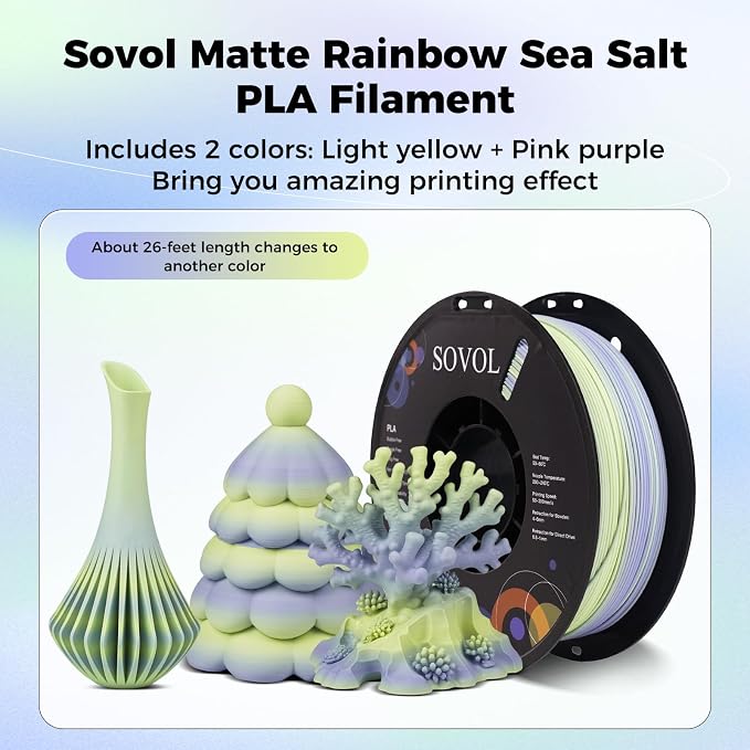 Sovol 3D Printer Matte Multicolored Fast Change Rainbow PLA 1kg (2.2 lbs) Spool 3D Printing Materials, Dimensional Accuracy +/- 0.03 mm, 1.75 mm, Matte Sea Salt