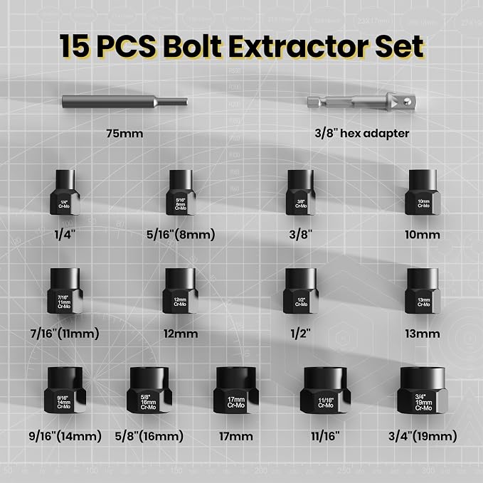 28PCS Bolt Extractor Set, Impact Nut/Bolt Removal Drill Kit, Broken Nut and Bolt Extractor, Cr-Mo Steel, for Removing Socket Screws, Broken Bolts