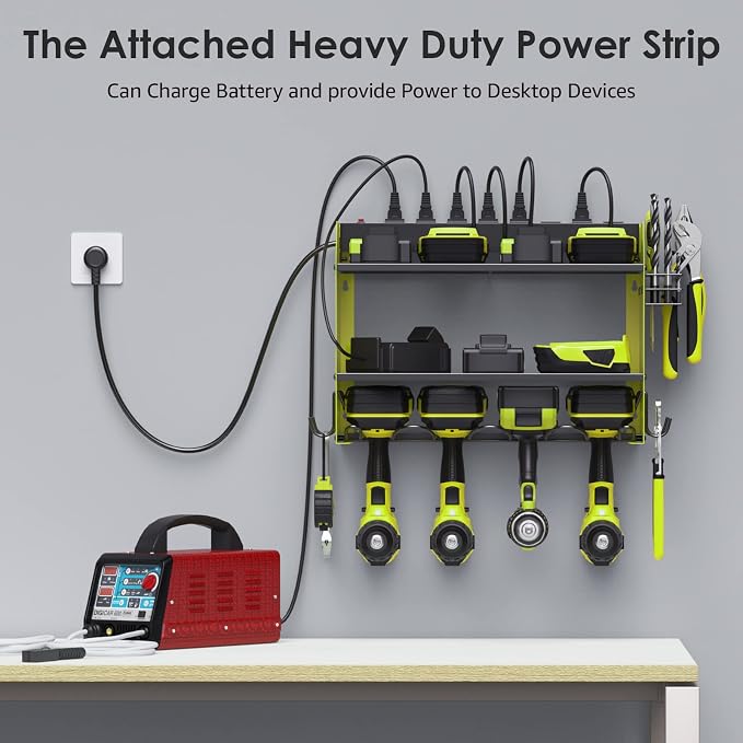 CCCEI Wall Mount Modular Tool Charging Organizer, Green, 1 Pack, 3 Tier. | Drill Battery Storage Rack with Hooks, Garage Workshop, Gifts for Men, Dad, Husband Anniversary, Birthday, Christmas