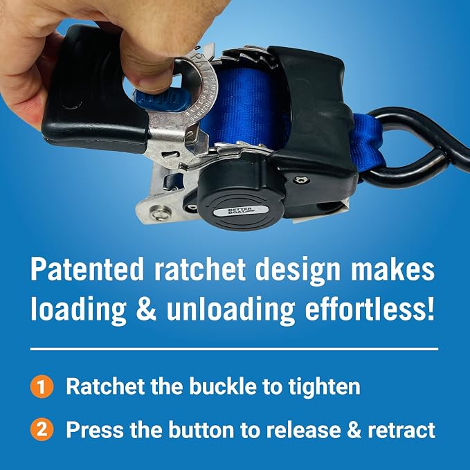 Stainless Steel Retractable Ratchet Straps, Heavy Duty Set, 2 Inch x 43 Inch, 2 Transom Tie-Downs with Mounting Brackets and Bolts, Auto Self-Retracting Buckle for Boat Trailer and Cargo