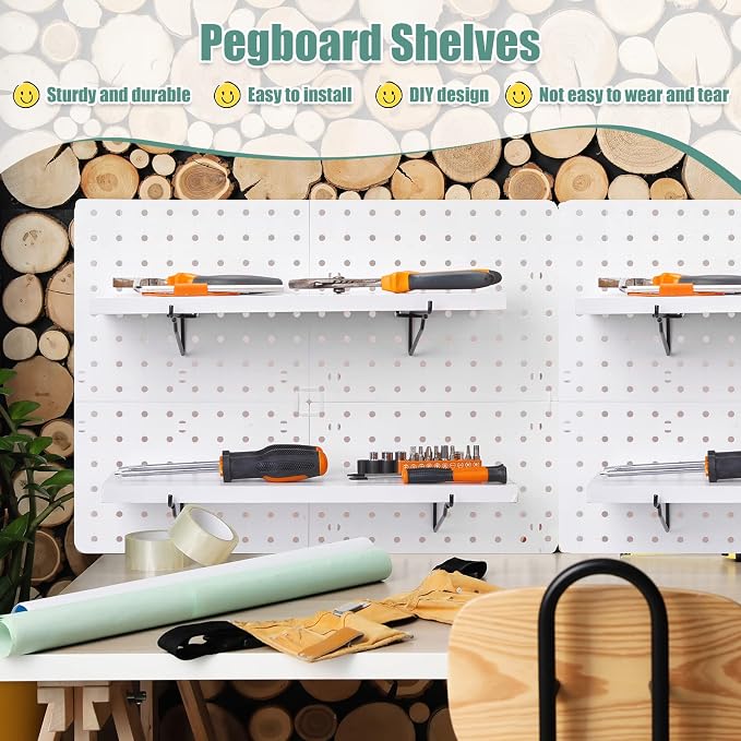 Qunclay 8 Pack Pegboard Shelf Set Wooden Shelves with Metal Brackets Hook Wall Pegboard Shelving Heavy Duty Accessories for Crafts Home Office Garage Workbench(White)
