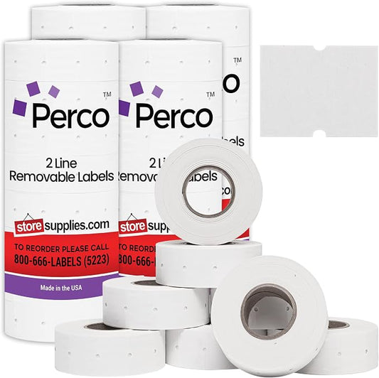Perco 2 Line Removable Adhesive Labels - 24,000 Blank Price and Date Gun Labels for Perco 2 Line Price and Date Guns - 32 Rolls, 4 Sleeves - Made in USA