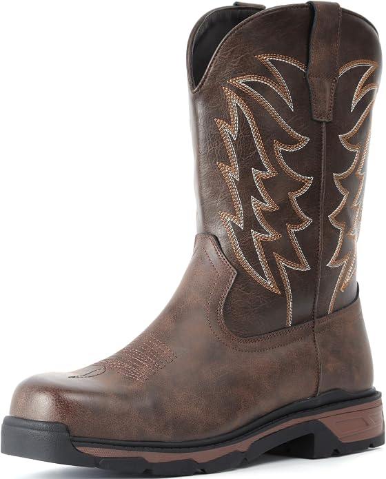 ANGRYRAM Cowboy Work Boots for Men Square Toe Leather Western Boot Slip Resistant Indestructable Steel Toe Safety Boots for Men Work-Man Pro Series