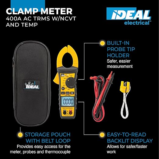 IDEAL INDUSTRIES INC. 61-737 Digital AC Clamp Multi Meter 400 Amp 600-Volt, Red Electrical Clamp Meter, CAT III 600V | 0–400A AC, 0–600V AC/DC, TRMS, NCV, Diode Testing, Backlit Display, Probe Holder