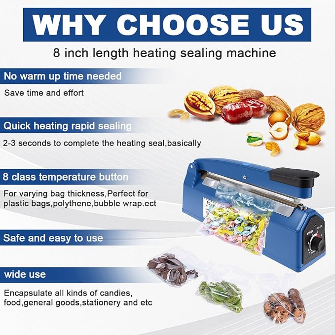 8 Inch Impulse Sealer, Manual Heat Sealer Machine for Mylar Bags, Shrink Wrap Bag Sealers Sealing Machine for Plastic PE PP Bags with 3 Free Replacements Kit Element Grip, Blue