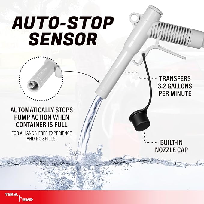 TERA PUMP Dual Power Auto Stop Liquid Transfer Pump | 3.2 GPM, AA Battery or USB-C Powered, 54" Durable PE Hose, Nozzle Cap, For Gasoline & Diesel