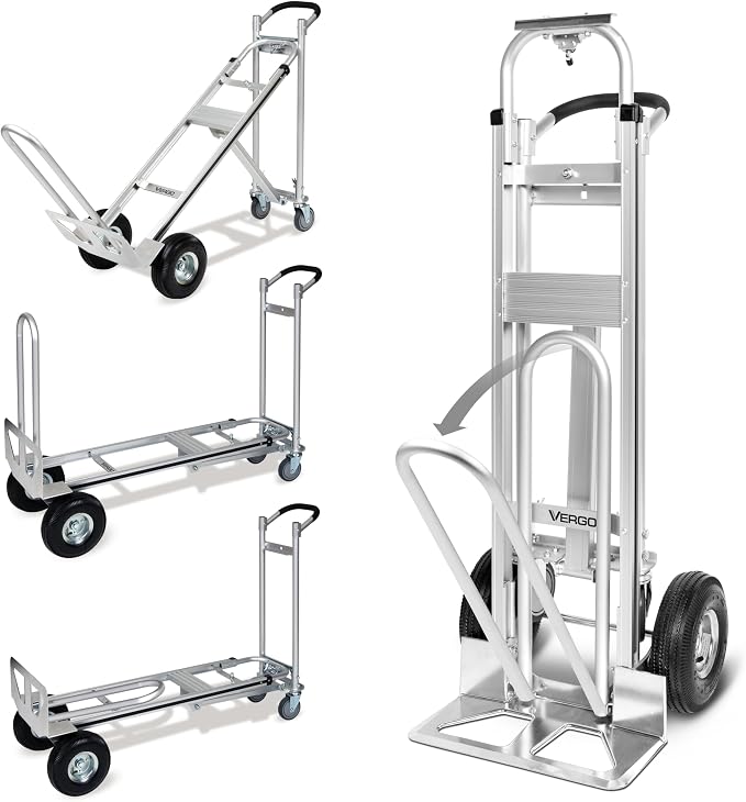 Vergo Industrial Convertible Hand Truck - AS7A2 Heavy Duty Aluminum 3 in 1 Dolly (750 lb Capacity) Lightweight Frame, Ergonomic Handle, Extendable Loop, Versatile Moving Dolly (3 Positions, 53" High)