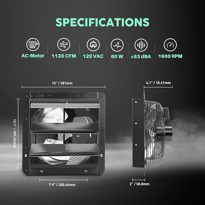 YOZON 12" Shutter Exhaust Fan with Speed Controller, Wall Mounted Wall Exhaust Fan, Automatic Shutter, High Speed, 1130CFM, Vent Fan for Garage, Greenhouse, Shed, Chicken Coop and Workshop - Black