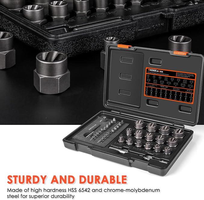 THINKWORK Damaged Screw Extractor Set, 2-21mm, 39-Piece Broken Bolt Extractor Kit, 3/8" Drive Lug Nut Removal Tool, Rounded Bolt Remover for Damaged, Rusted, Rounded-Off, Stripped Fasteners