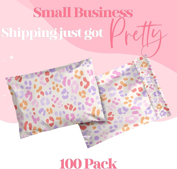 Pretty Package Store Poly Mailer 6x9, Preppy Leopard, 100 Pack | Heavy Duty, Waterproof, Self Seal, Tear Resistant, Shipping Bags for Small Business Packaging, Bulk Mailing Envelopes