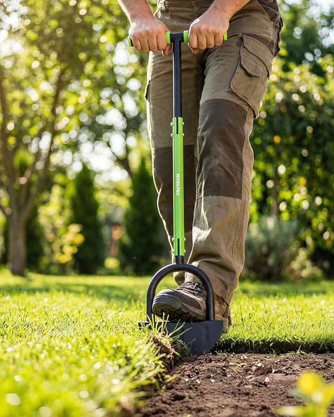 WORKPRO 40-Inch Edger Lawn Tool, Half Moon Saw Tooth Lawn Edger | Half Moon Saw-Tooth Steel Blade, Wide Footplate, Ergonomic T-Handle, Manual Garden Edger For Lawn, Sidewalk & Landscaping
