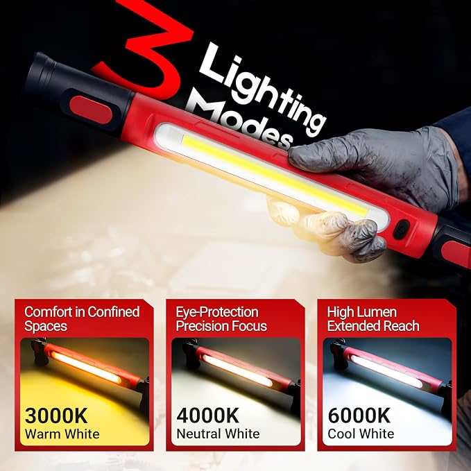 Magnetic Work Light, 3000LM Ultra Bright LED Magnetic Light Bar, 5200mAh Rechargeable Work Light with Hooks, Portable Under Hood Lights Machanic Tools for Car Repairing, Inspection, Garage, Emergency