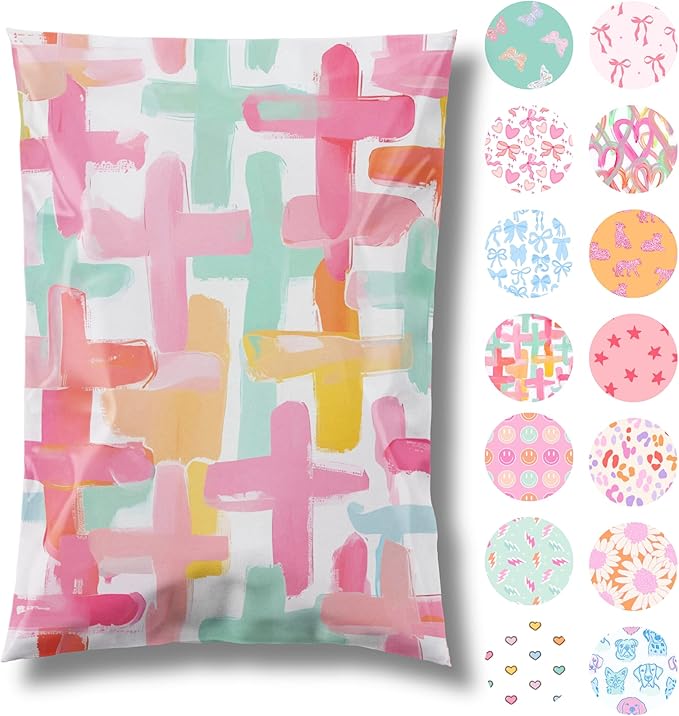 Pretty Package Store 10x13 Designer Poly Mailer 100 Pack Heavy Duty Waterproof Self Seal Shipping Bags for Small Business Large Mailing Envelopes Bulk Tear Resistant Packaging Pastel Crosses Faith