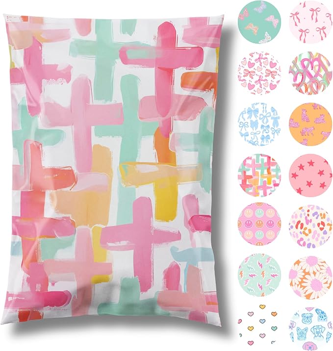 Pretty Package Store 14.5x19 Designer Poly Mailer 100 Pack Heavy Duty Waterproof Self Seal Shipping Bags for Small Business Large Mailing Envelopes Bulk Tear Resistant Packaging Pastel Crosses Faith