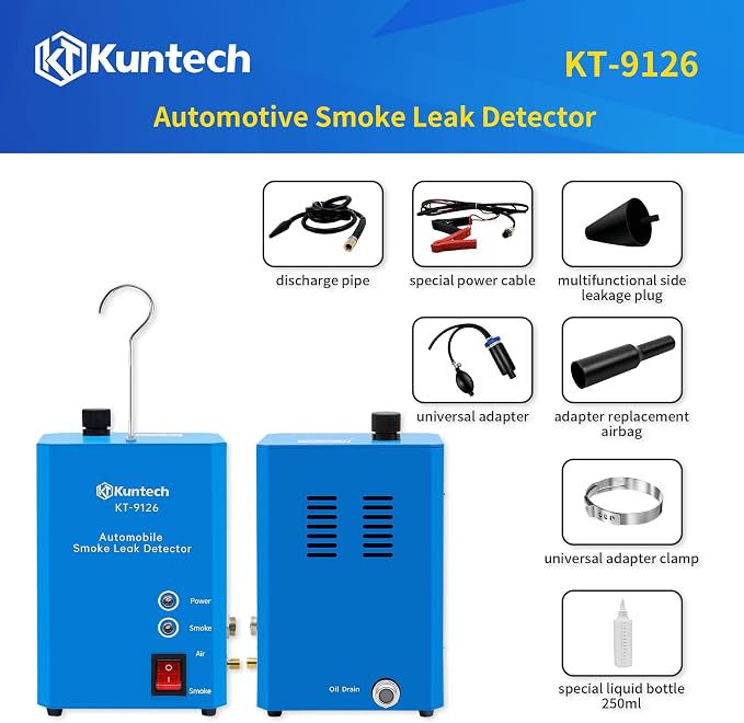 Kuntech Automotive Smoke Machine Built-in Air Pump, 12V DC Smoke Leak Detector for Pipe System, Fuel Leakage, Leakage Diagnostic Tester for All Cars, Blue
