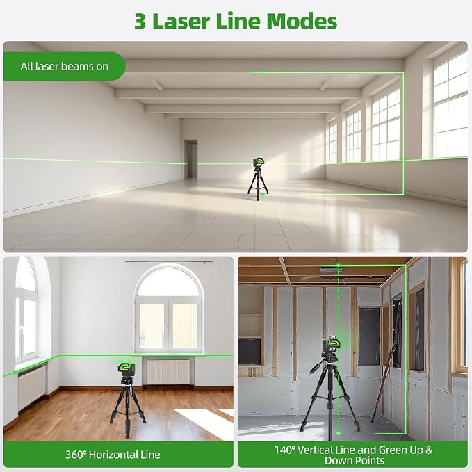 Huepar Self Leveling Laser Level Green Cross Line Laser with 2 Plumb Dots Laser Tool -360° Horizontal Line Plus 140° Vertical Level Laser with Up & Down Points - Rechargeable & Magnetic Bracket 7211CG