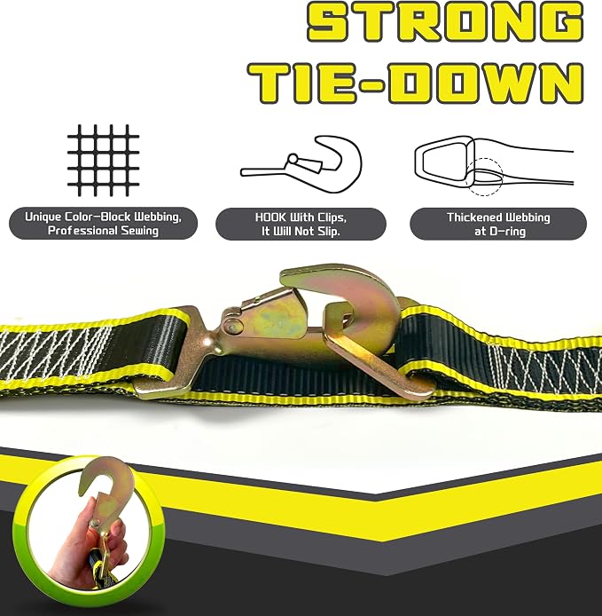 KJE Heavy Duty Car Trailer Tie Down Straps with Reflective - (4) 2" x 10' Ratchet Straps with Snap Hooks, (4) Axle Straps 2" x 36'' - 10,000lbs Break Strength - Use for Car, Truck, UTV Transport