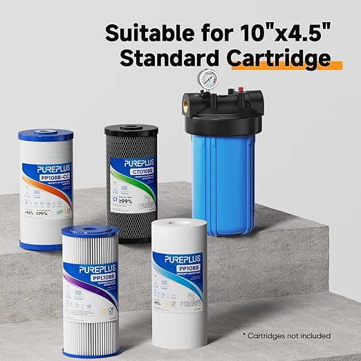 PUREPLUS Whole House Water Filter Housing, 10"x4.5" Sediment Cartridge Universal Housing, Pre-Filtration System, with Pressure Gauge, 1" NPT Port