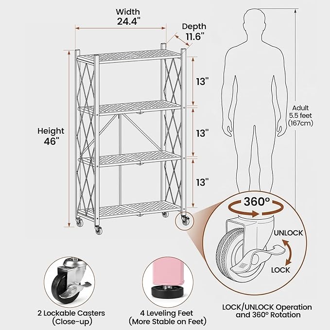 ALANNG 4 Tier Folding Storage Shelf on Wheels,Heavy Duty Metal Rolling Cart | 264 lbs Capacity, No Tools Assembly, Folds to 3.9", Lockable Casters, Portable for Kitchen Laundry Garage