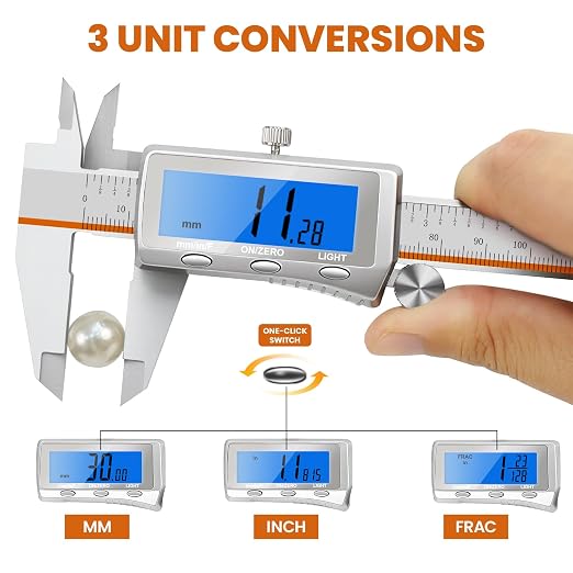 Digital Caliper, Rechargeable Digital Calipers with Backlight LCD & Auto-Off, Stainless Steel Measuring Tool, Inch/MM/Fraction Conversion for 3D Printing DIY Woodworking 6 Inch