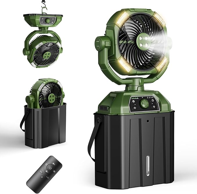 Portable Misting Fan Rechargeable for Hot Weather - 9-inch Auto Swivel Camping Fan with 25000mAh USB Battery as Power Bank, Outdoor fan with 4 Mist Cooler, 7L Bucket for Patio,Yard,Beach,Golf (Green)