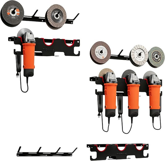 Angle Grinder Holder Wall Mount - Heavy Duty Storage Rack for 5" Grinder, Impact Wrench & Polisher, with Cord Management & Disc Hooks, Workshop Garage Organizer (2 PACK)
