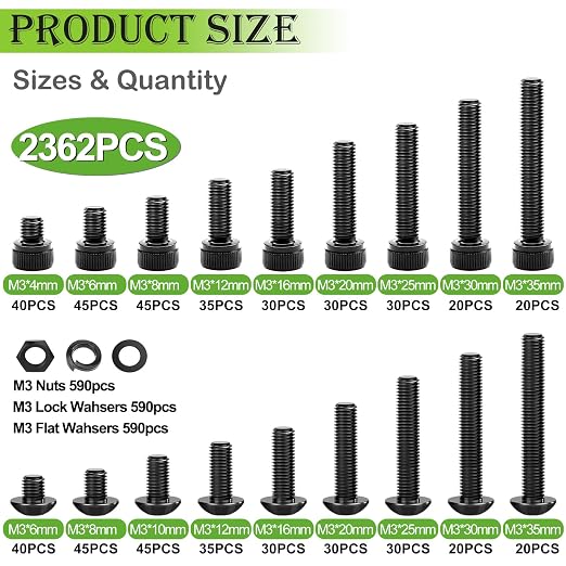 mxuteuk 2362PCS M3 Screws kit,M3x4/6/8/10/12/16/20/25/30/35mm M3 Screws Nuts Washers Assortment,M3 Hex Socket Button & Cap Head Screws,12.9 & 10.9 Grade Alloy Steel M3 Bolts with 2 Hex Wrench