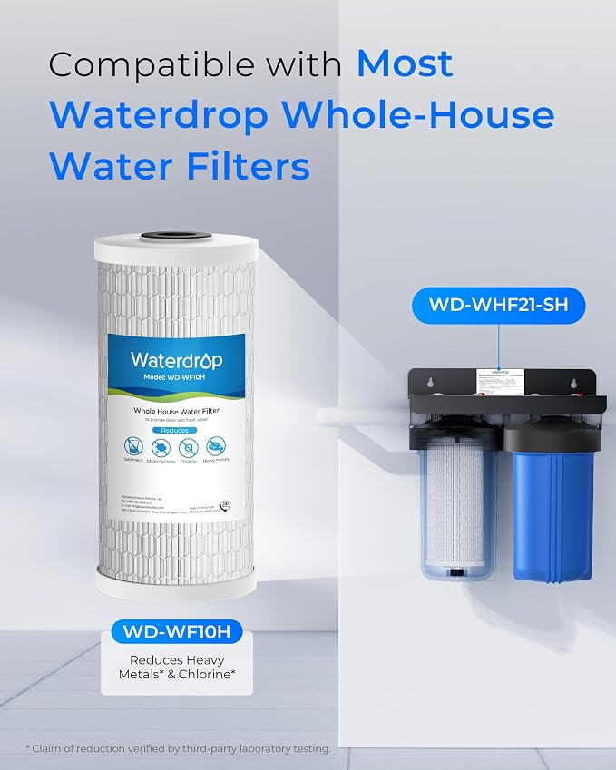 Waterdrop WF10H Whole House Water Filter, Compatible with WHF21-SH and WHF21-PBH, GE FXHTC, GXWH40L, iSpring, Culligan RFC-BBSA, Whirlpool, Any 10" x 4.5" System, Reduces Heavy Metals, Chlorine