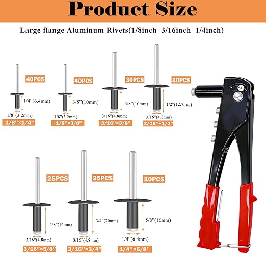 Pop Rivet Gun with Pop Rivets Assortment Kit,1000PCS 21 Sizes Black Pop Rivets, Large Flange Rivets, Washers for DIY/Automotive Repairs/Furniture,Packed in Portable Toolbox