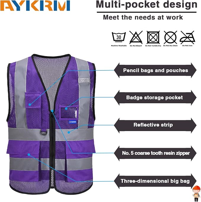 A-SAFETY Hi-Vis Mesh Vest, Clear ID Holder, Black Front Zipper, Purple, XL | Purple XL mesh safety vest with reflective strips, mic tabs and 7 pockets for laboratory safety; available in 21 colors.