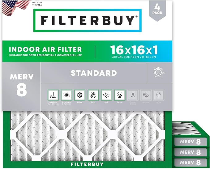 Filterbuy 16x16x1 Air Filter MERV 8 Essential Dust & Allergy Defense (4-Pack), Electrostatic Pleated HVAC AC Furnace Filters Replacement, Made in USA (Actual Size: 15.75 x 15.75 x 0.75)