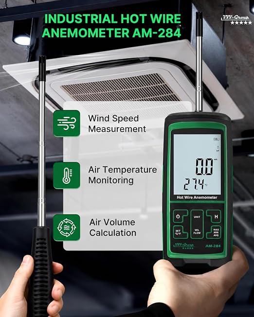 Hot Wire Anemometer AM-284 – HVAC Airflow Meter for Duct and Vent Testing, CFM/CMM Air Volume Calculation, Wind Speed & Temperature Measurement, Straight Telescopic Probe, USB PC Software