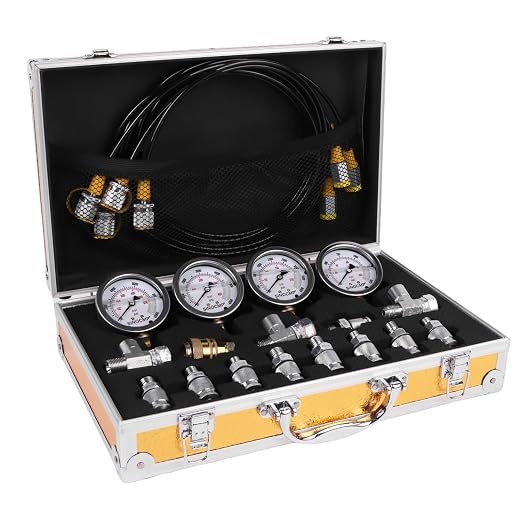Hydraulic Pressure Gauge Test Kit, 4 Pressure Gauges, 4 Test Hoses, 10 Couplings, 3 Tee Connectors for Excavator Construction Machinery(Gold)