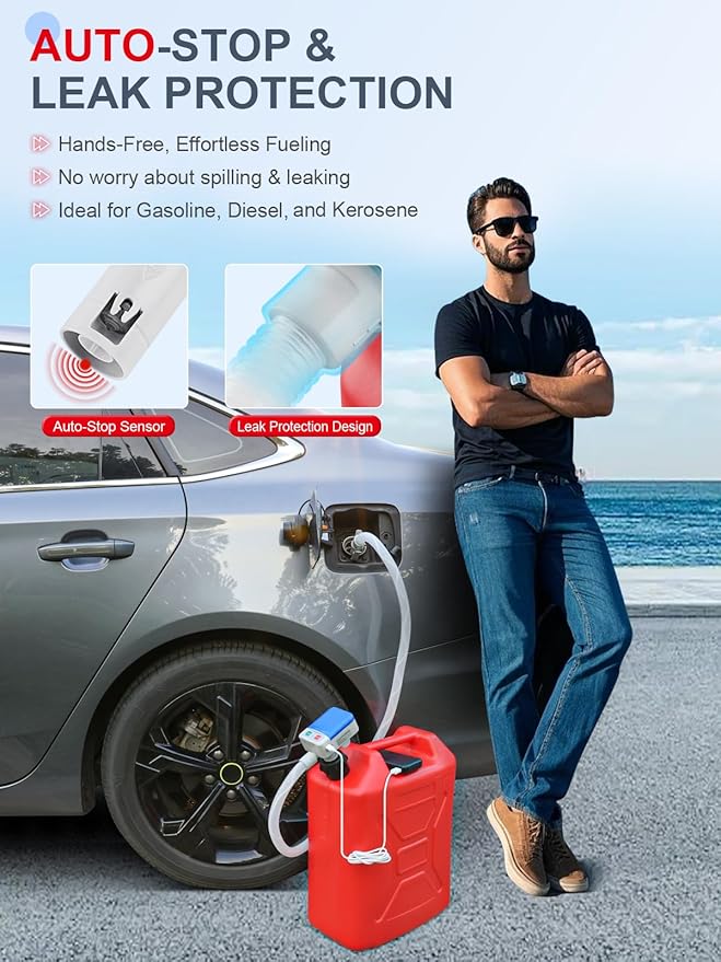 Portable Fuel Transfer Pump for Gasoline & Diesel, 3.2 GPM, Auto-Stop Sensor, 51" Hose, USB Type-C & AA Battery Powered, for RVs, ATVs, Motorcycles, Small Engines & Tractors （Blue）